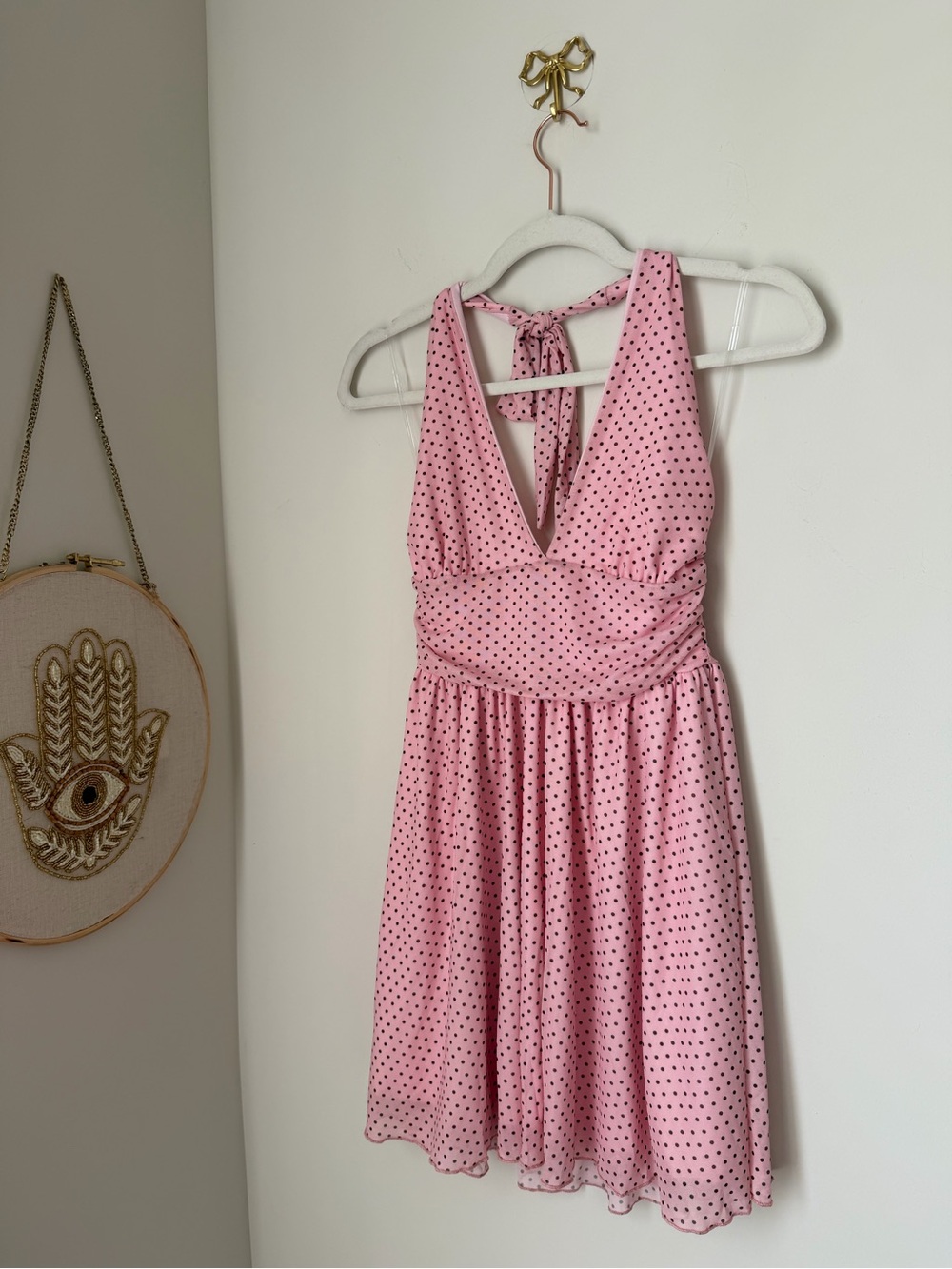 See You Monday Pink brown Polka Dot halter Mini Dress